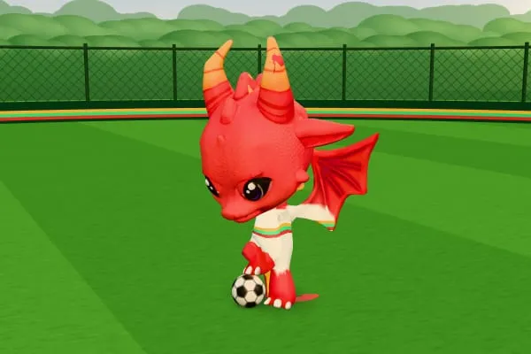 A red Mini dragon doing toe taps on a ball between cones.