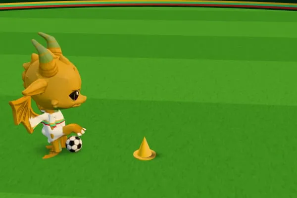 A gold Advanced dragon doing a step-over beside a cone.
