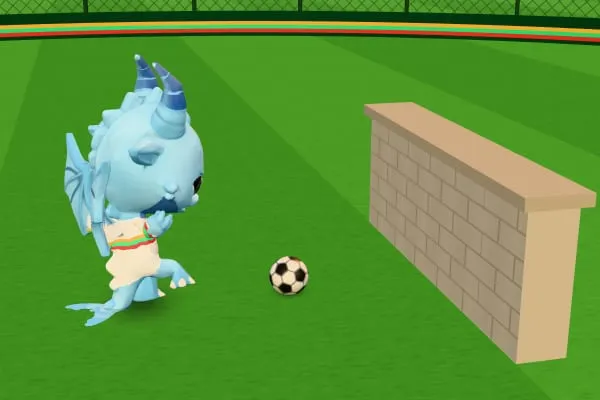 A blue Junior dragon passing a ball against a low wall.