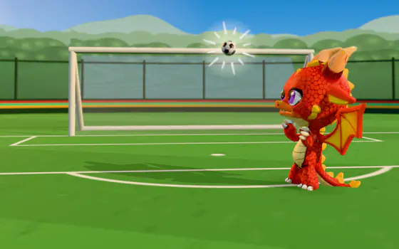 A red dragon hitting the crossbar, the ball flashing as it strikes.