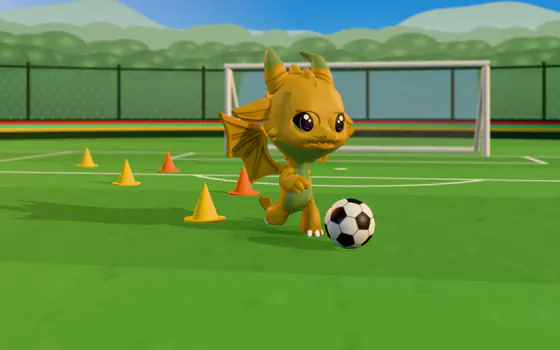 A gold dragon dribbling a ball past a line of cones.
