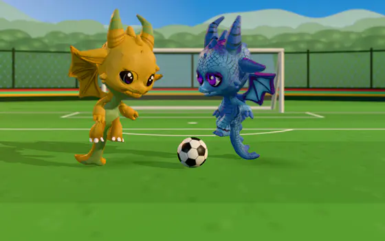 A gold dragon and a dark blue dragon going for the same ball.