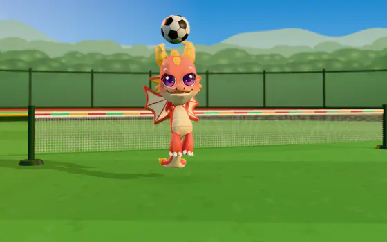 A pink dragon by a low net, with the ball in the air above it.