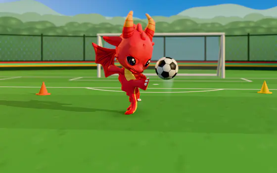 A red dragon keeping a football up on the stadium pitch.