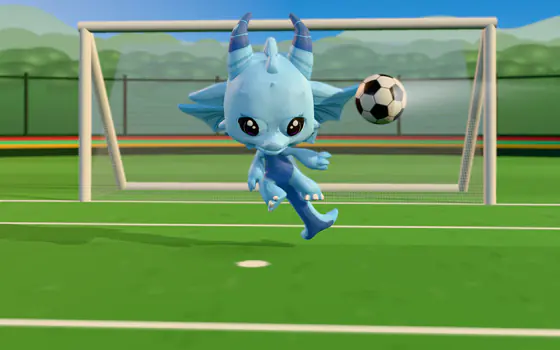 A light blue dragon in goal, reaching for the ball.