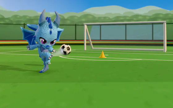 A blue dragon striking a ball towards the goal.
