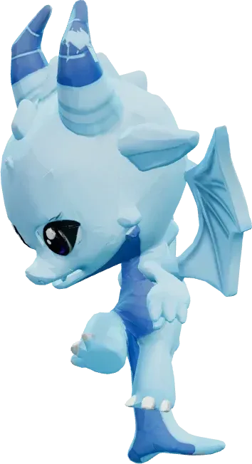 A light blue 3D dragon from the app, mid-kick.