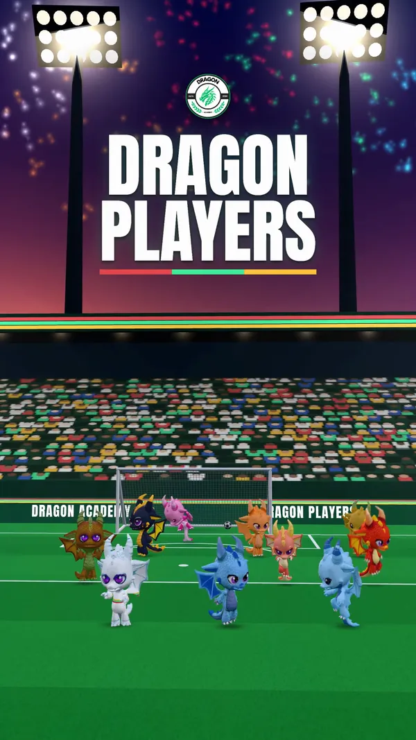 The end of the opening clip: DRAGON PLAYERS and the crest over a floodlit stadium at dusk, with fireworks and the dragons on the pitch below.