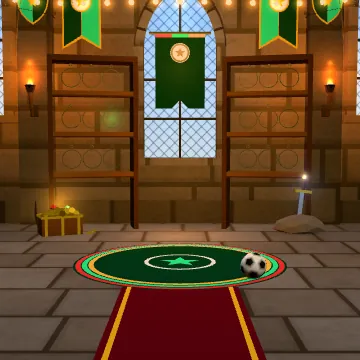 The Castle hall cave style, with stone walls, banners and a red carpet to the plinth.