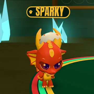 Ember, the red Premium pet hatchling, with its name tag reading Sparky.