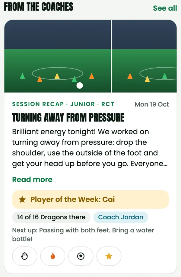 A session recap in the app from Coach Jordan: Turning away from pressure, Player of the Week Cai, 14 of 16 Dragons there, with reaction buttons.