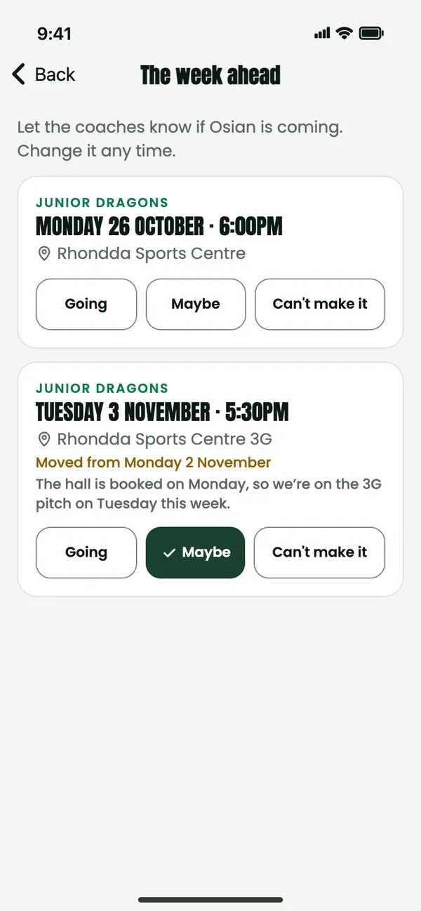 The week ahead: Junior Dragons on Monday 26 October at 6:00pm at Rhondda Sports Centre, and a session moved to Tuesday, each with Going, Maybe and Can’t make it buttons.