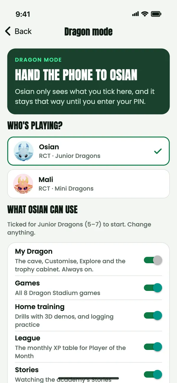 Setting up Dragon mode: Hand the phone to Osian, with switches for My Dragon, Games, Home training, League and Stories, ticked for Junior Dragons to start.