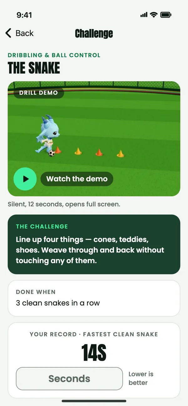A challenge card, The Snake, with a drill demo of a blue dragon weaving through cones and a Watch the demo button.