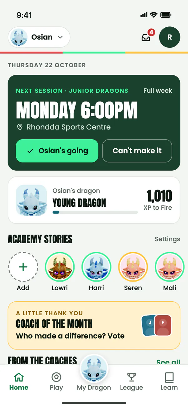 The Dragon Players Home screen: the next session for Junior Dragons, Monday 6:00pm at Rhondda Sports Centre, with buttons for Osian’s going and Can’t make it, and Osian’s Young Dragon below.