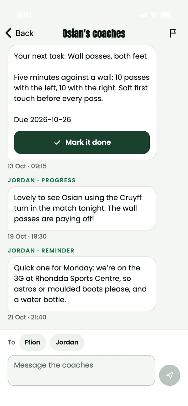 A conversation with Osian’s coaches: a home task with a Mark it done button, a progress note from Coach Jordan and a reminder to bring a water bottle.