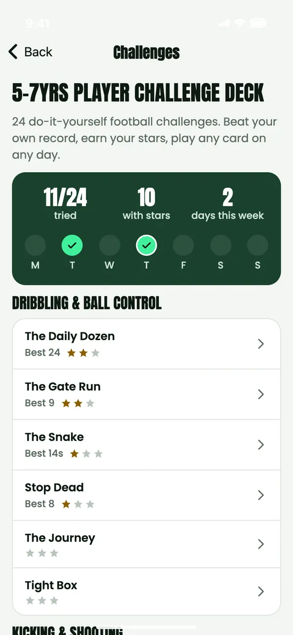 A Learn challenge deck for 5 to 7 year olds: challenges tried, stars and days this week, then a list of dribbling and ball control challenges.