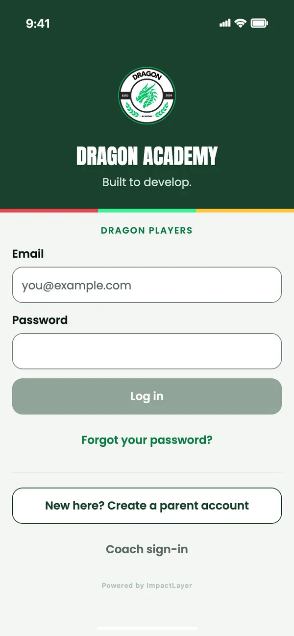 The Dragon Players sign-in screen: email and password, Log in, Forgot your password? and New here? Create a parent account.