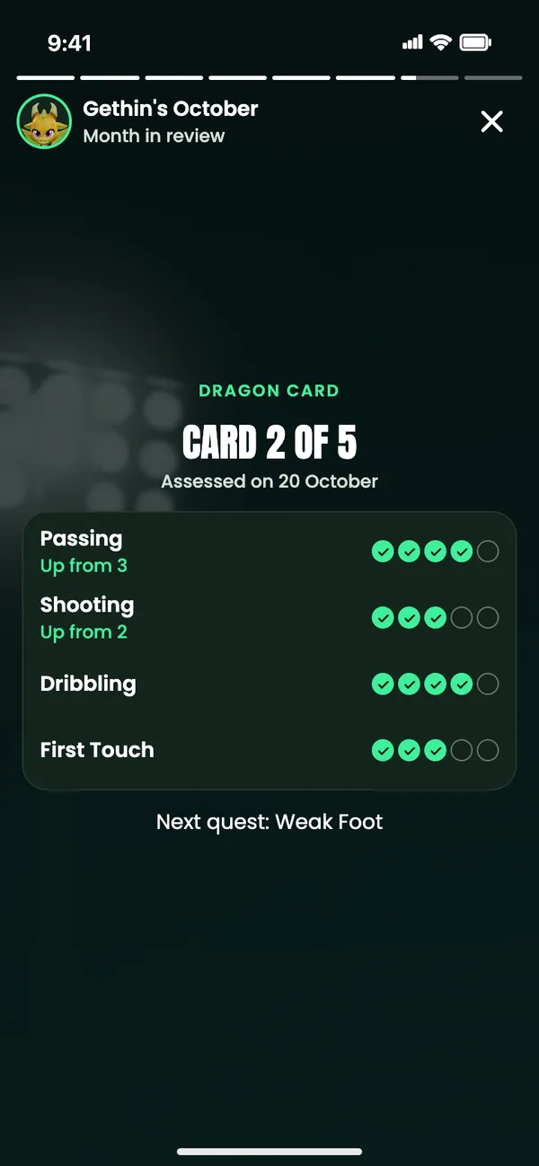 The Dragon card page for Gethin: card 2 of 5, with passing, shooting, dribbling and first touch scores.