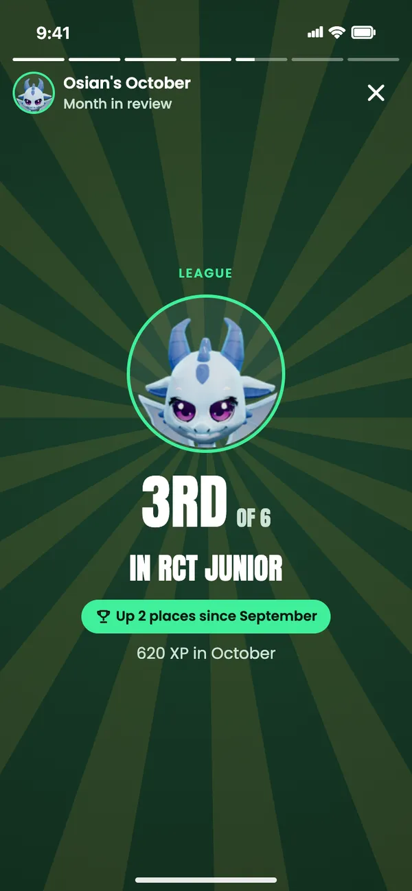 The League page: 3rd of 6 in RCT Junior, up 2 places since September, 620 XP in October.