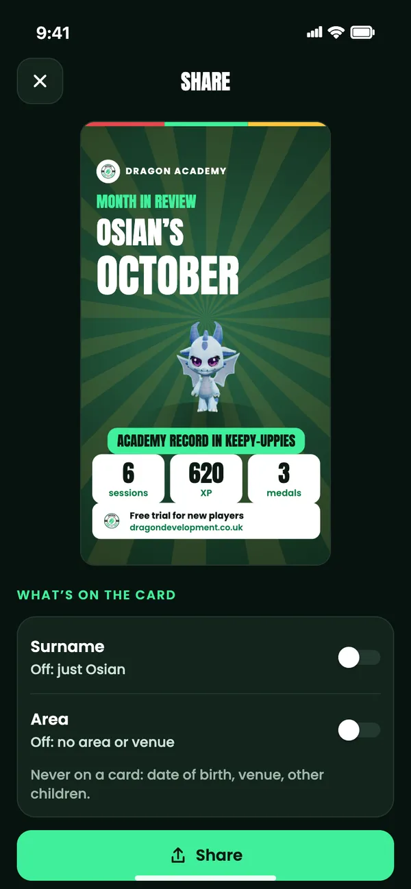 The share card for Osian’s October: 6 sessions, 620 XP and 3 medals, with switches for surname and area, both off.