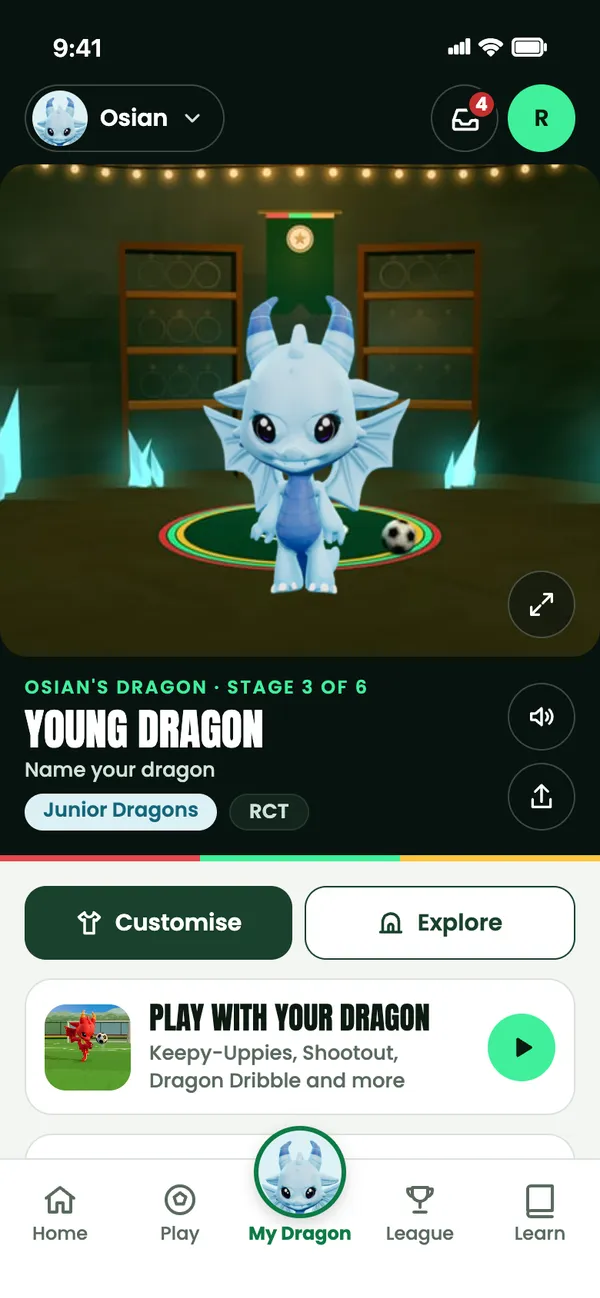 My Dragon with a Play with your dragon card under the cave: Keepy-Uppies, Shootout, Dragon Dribble and more, with a play button.