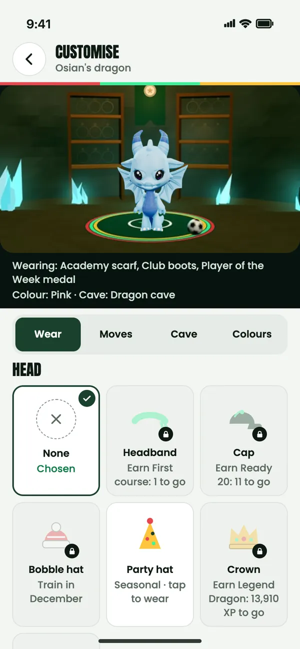Customise as a player sees it: head items such as a headband, a cap and a crown, each saying how to earn it, and no buy button.