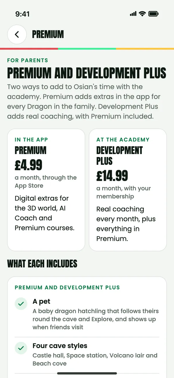 The Premium page in the app, for parents: Premium at £4.99 a month through the App Store, and Development Plus at £14.99 a month with your membership, then what each includes.
