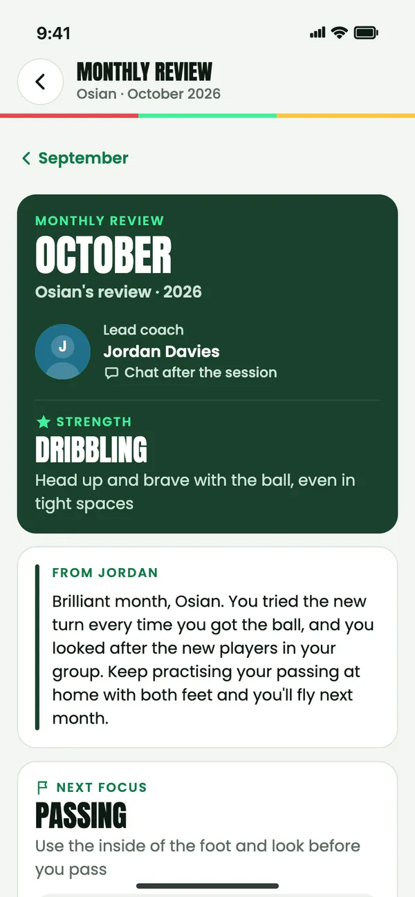 An example monthly review card: October, Osian’s review with lead coach Jordan Davies, a strength in dribbling, the coach’s note and a next focus on passing.