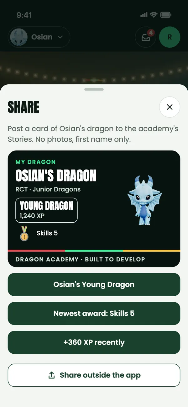 Sharing a Story: Post a card of Osian’s dragon to the academy’s Stories. No photos, first name only.