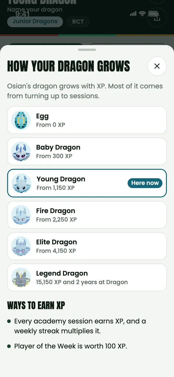 How your dragon grows: the six stages from Egg to Legend Dragon with the XP each starts at, and the ways to earn XP, such as every academy session and Player of the Week.