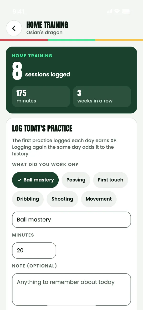 Home training for Osian: 8 sessions logged, 175 minutes, 3 weeks in a row, and a form to log today’s practice.