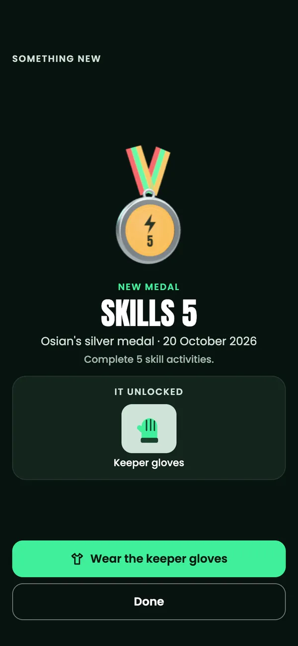 A new medal moment: Skills 5, a silver medal, which unlocks the Keeper gloves, with a Wear the keeper gloves button.