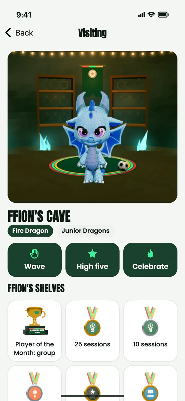Visiting Ffion R’s cave: her dragon on a stage, with Wave, High five and Celebrate buttons, and her shelves of medals below.