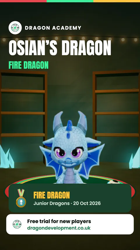 A share card: Osian’s dragon, Fire Dragon, standing in its cave.