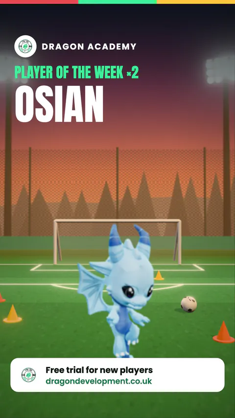 A share card: Osian, Player of the Week, with his dragon on a floodlit pitch.