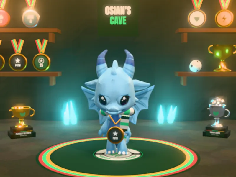 A blue 3D dragon in its cave, with medals on the shelves and trophies on plinths.