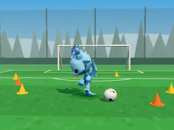 A 3D dragon kicking a ball on a training pitch, with cones and a goal.