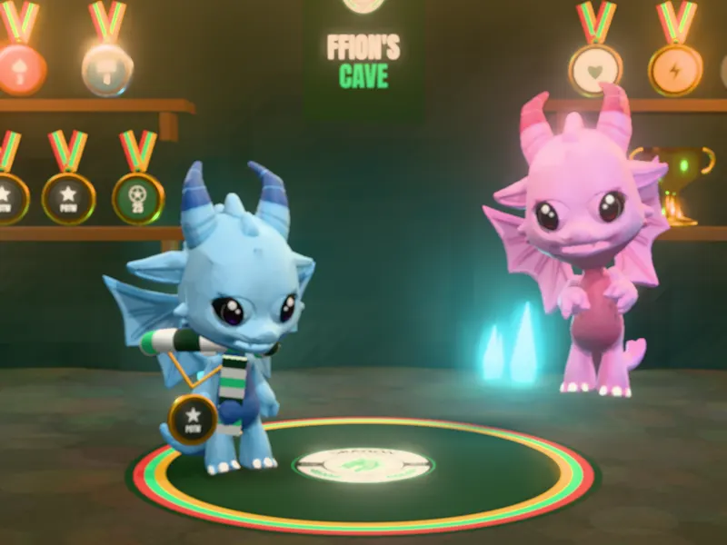 Two 3D dragons, blue and pink, together in a cave on a cave visit.