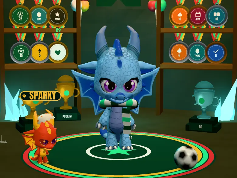 A dragon in a Premium skin in its cave, with a small red pet dragon beside it.
