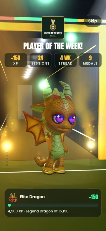 A gold Advanced dragon in a spotlit tunnel for Player of the Week, with its XP, sessions, streak and medals.