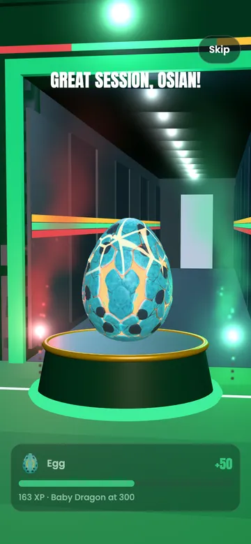 An egg riding out of the tunnel on a little float, with the XP bar filling below.
