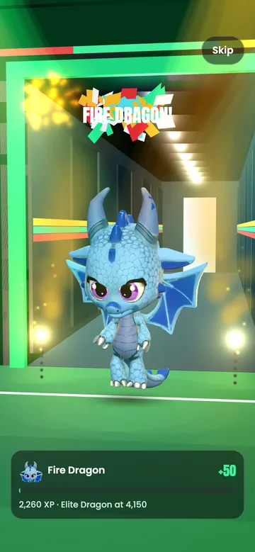 Osian’s dragon stepping out as a Fire Dragon, with Fire Dragon! in confetti over the tunnel.