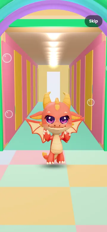 A pink Mini dragon walking out of a bright soft-play tunnel under a rainbow arch.