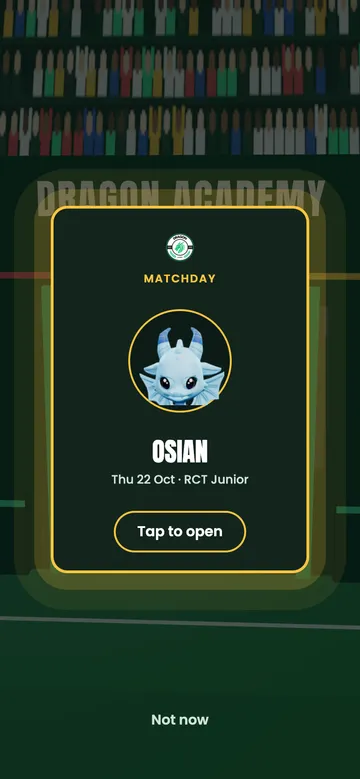 A sealed matchday pack for Osian, Thursday 22 October, RCT Junior, with Tap to open.